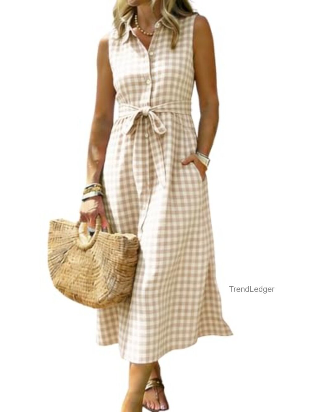 Plaid Button Down Shirt Dress Tie Waist Sleeveless Midi Dress with Pockets